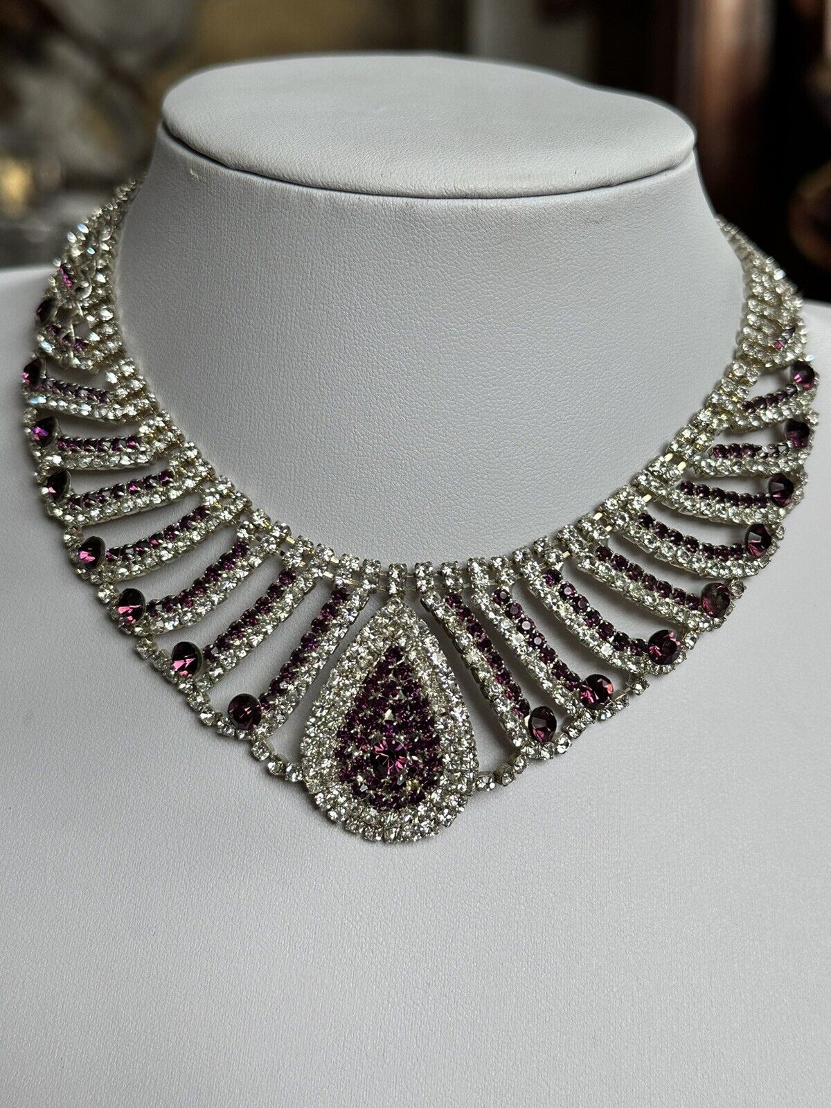 Vintage Silver Tone Clear Purple Diamantés Teardrop Statement Necklace