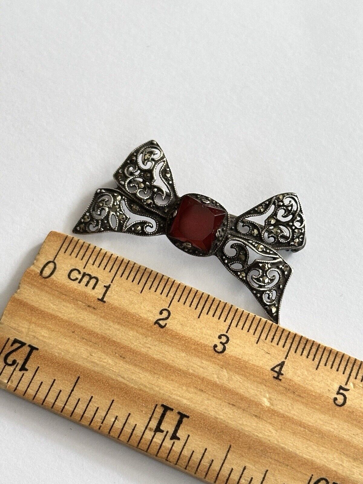 Vintage Antique Silver Marcasite Carnelian Bow Brooch