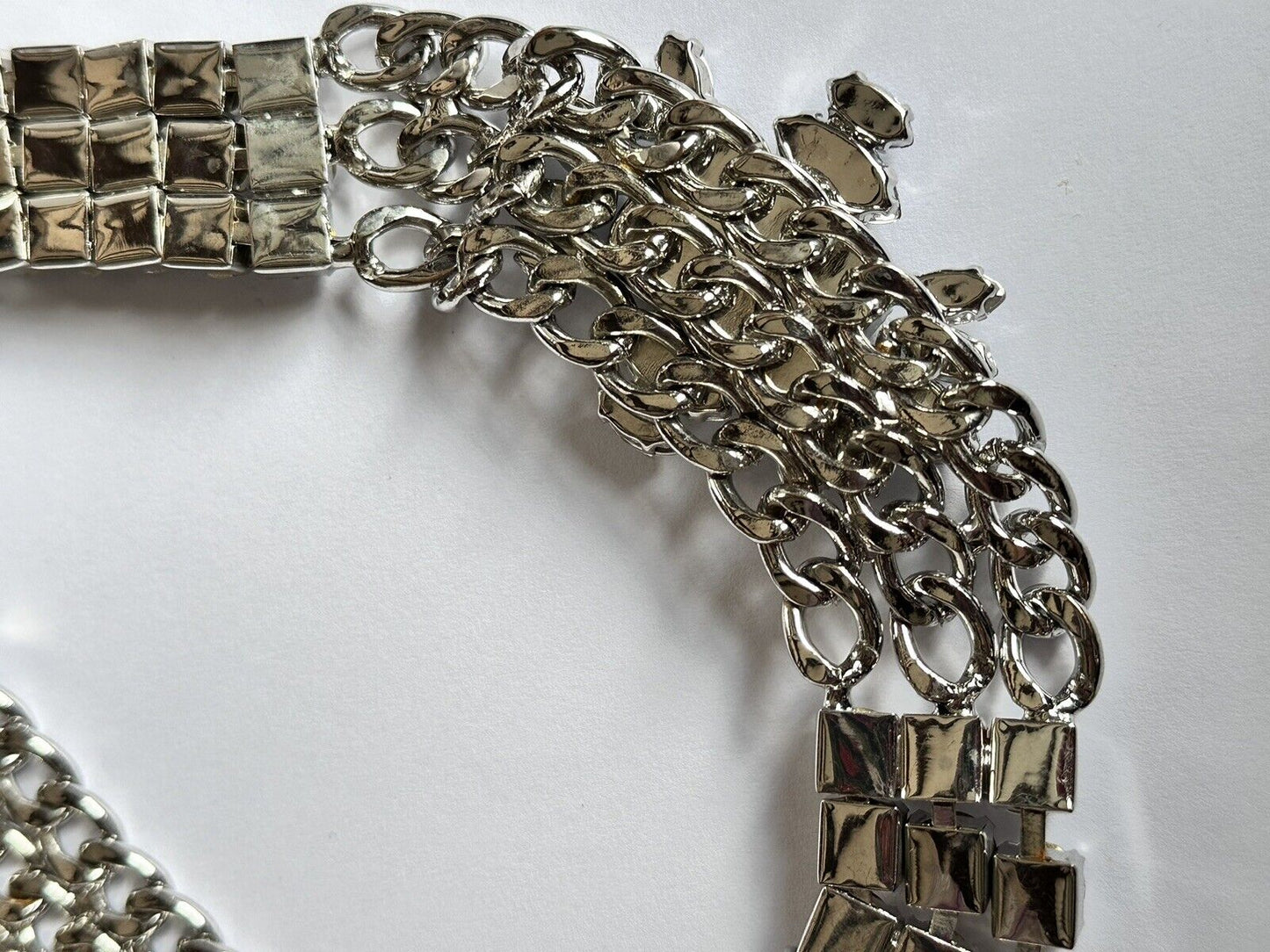 Vintage Silver Tone Chain Link Diamanté Statement Necklace