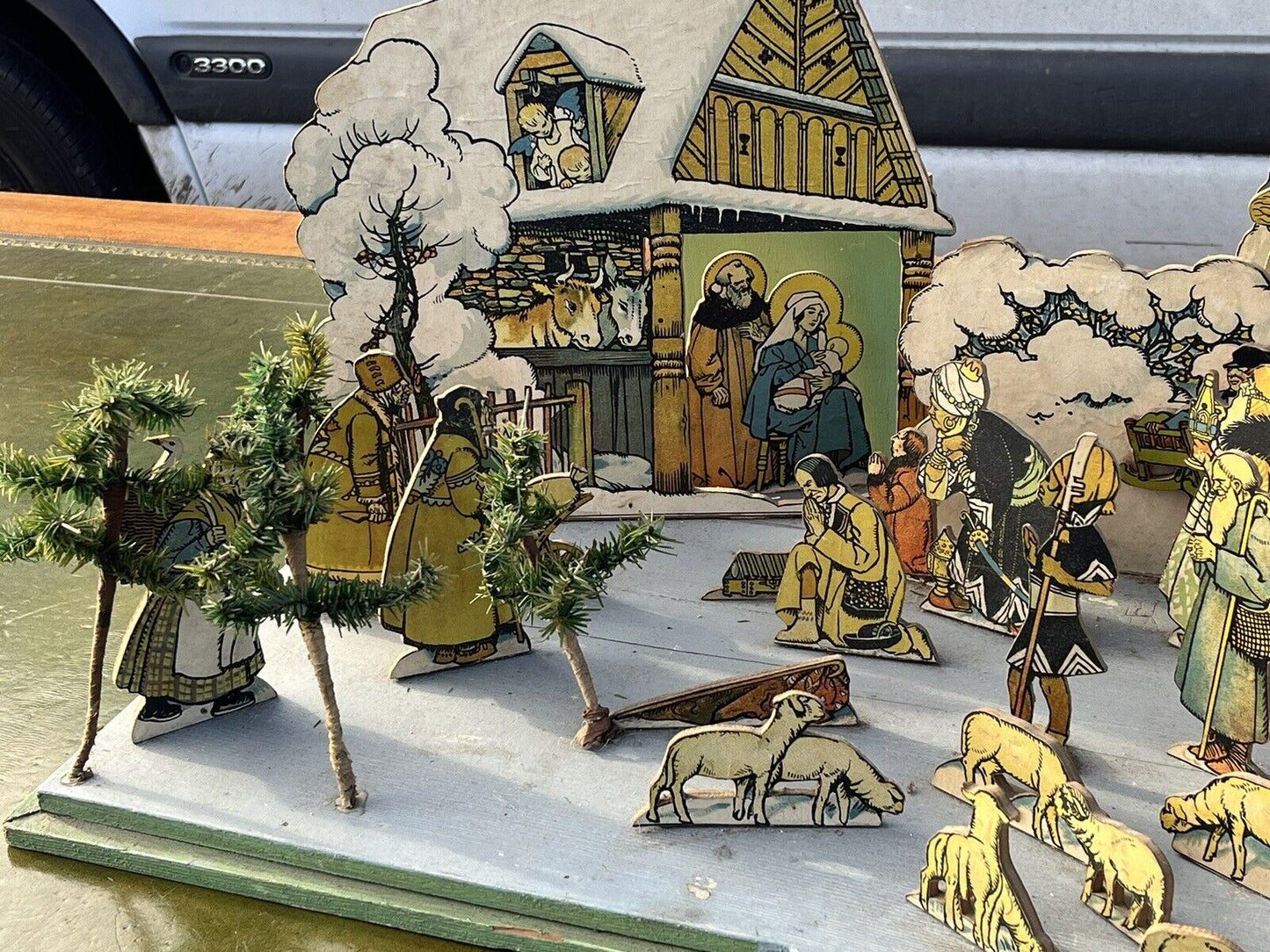 1950's Nativity Set, Wood With Printed Decoration. HUGE IN SIZE.