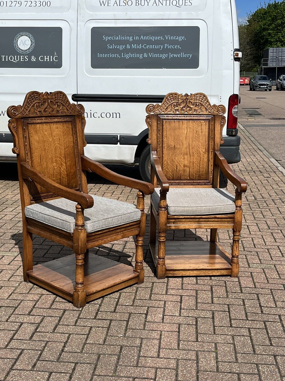 Oak Wainscot Chairs. Superb Carved Decoration.