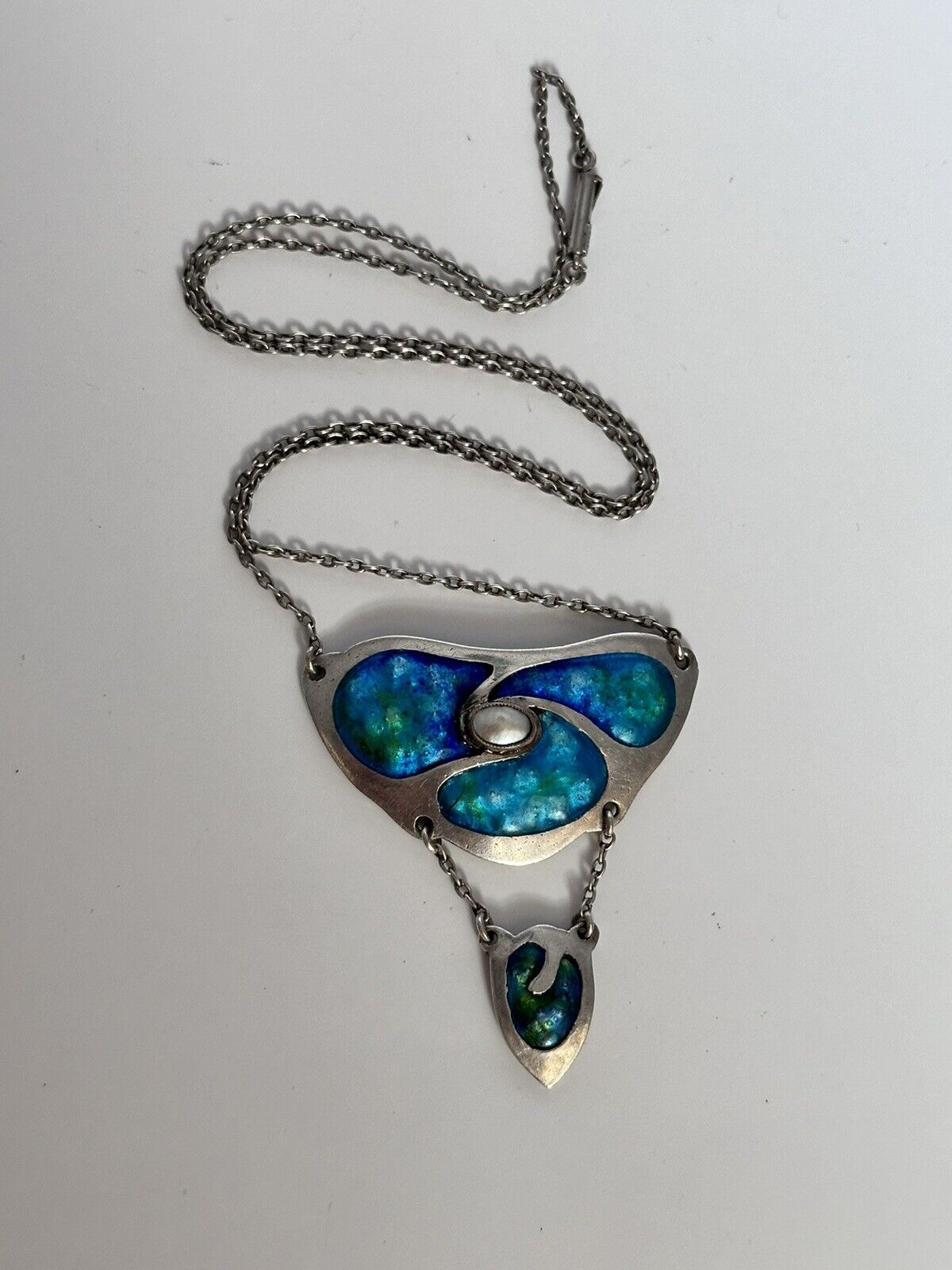 Arts & Crafts Sterling Silver Blue Green Enamel Pearl Lavaliere Necklace