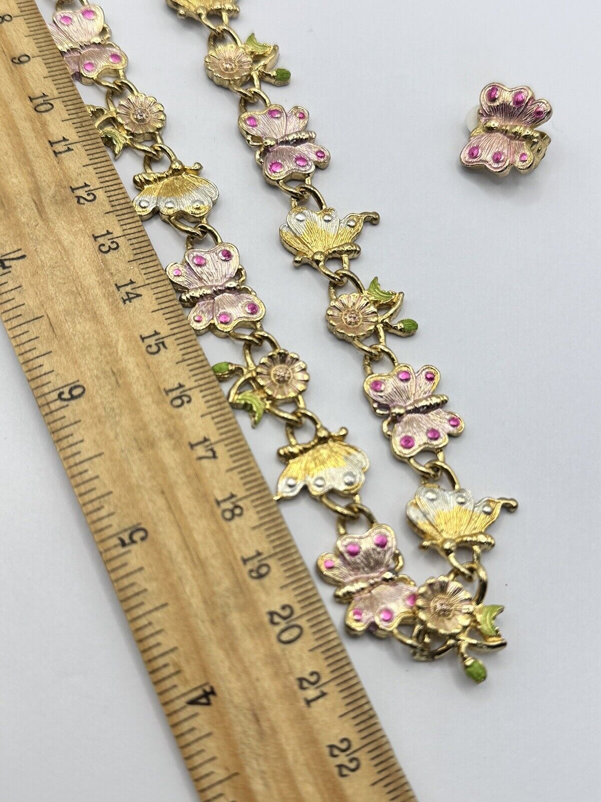 Vintage Gold Tone Pink Enamel Butterfly Flowers Necklace And Clip On Earring Set
