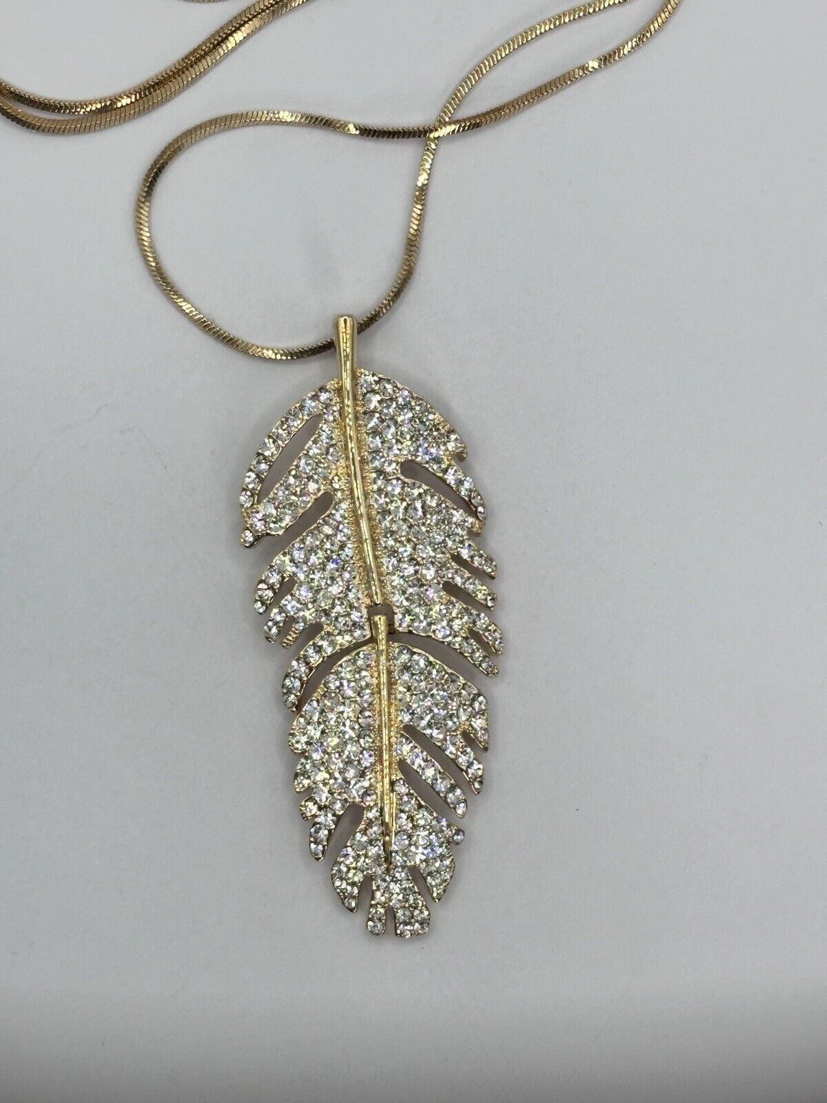 Vintage Gold Tone Diamanté Feather Pendant Necklace