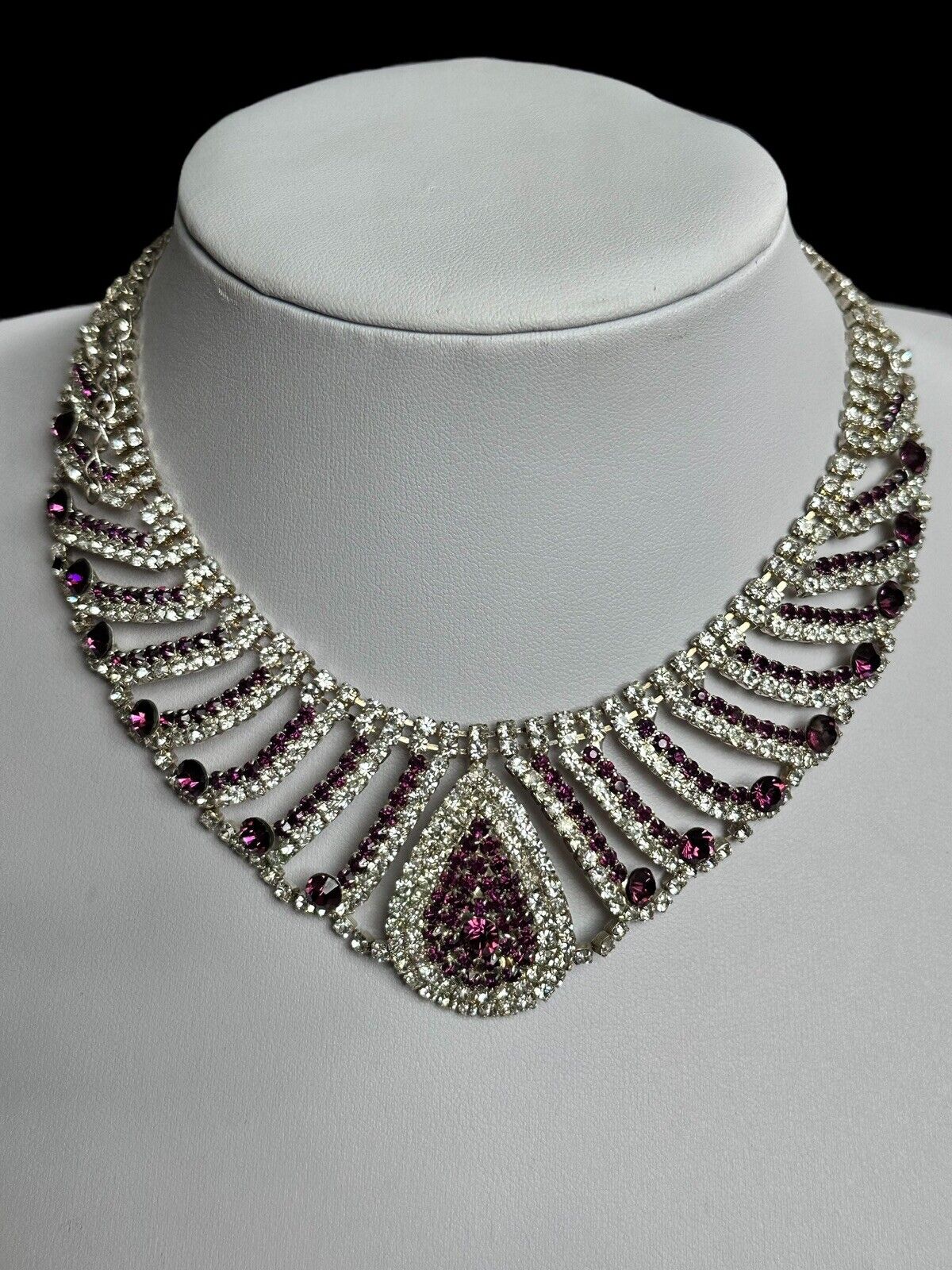 Vintage Silver Tone Clear Purple Diamantés Teardrop Statement Necklace