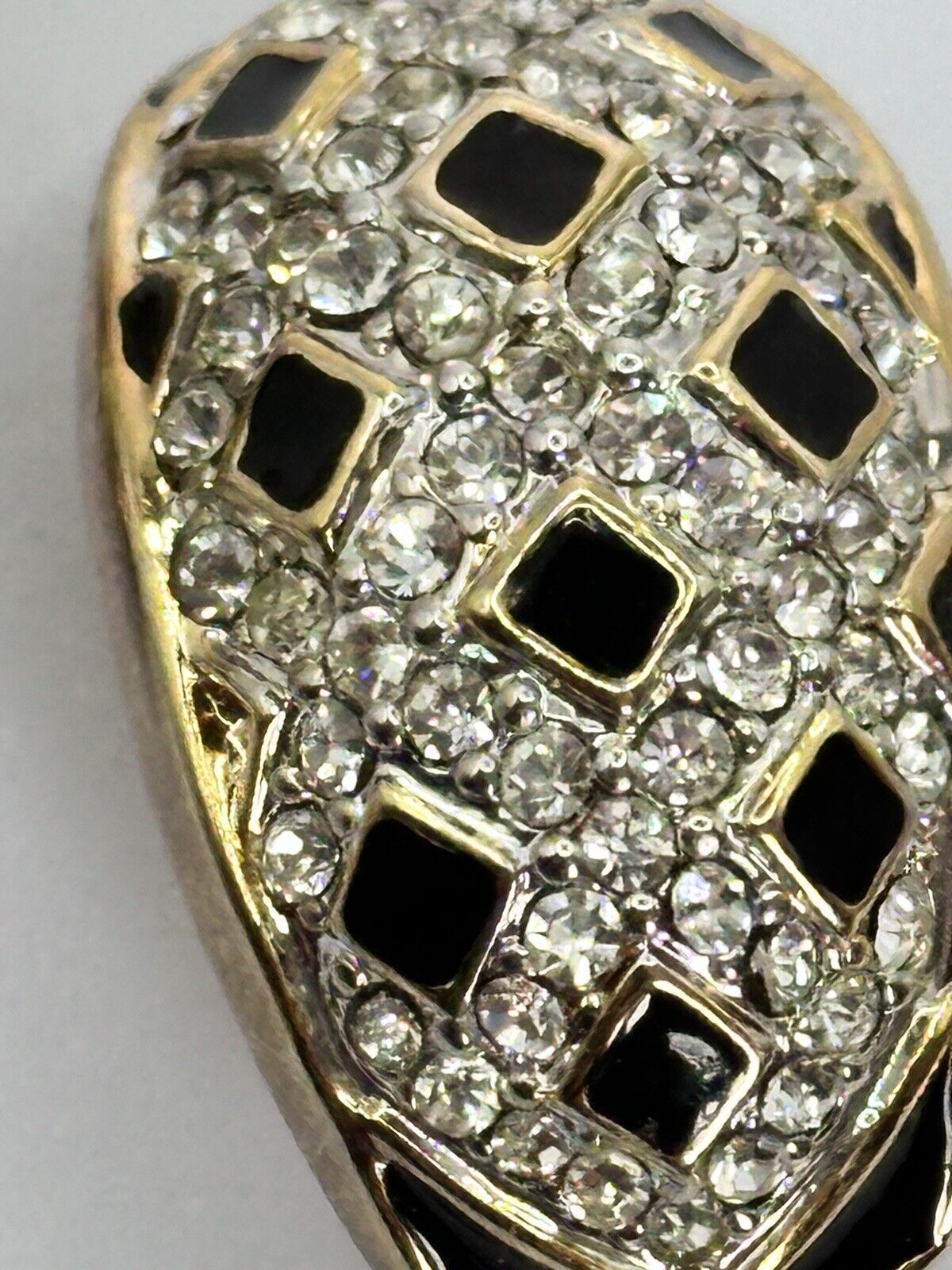 Vintage Gold Plated Black Enamel Diamanté Clip On Earrings