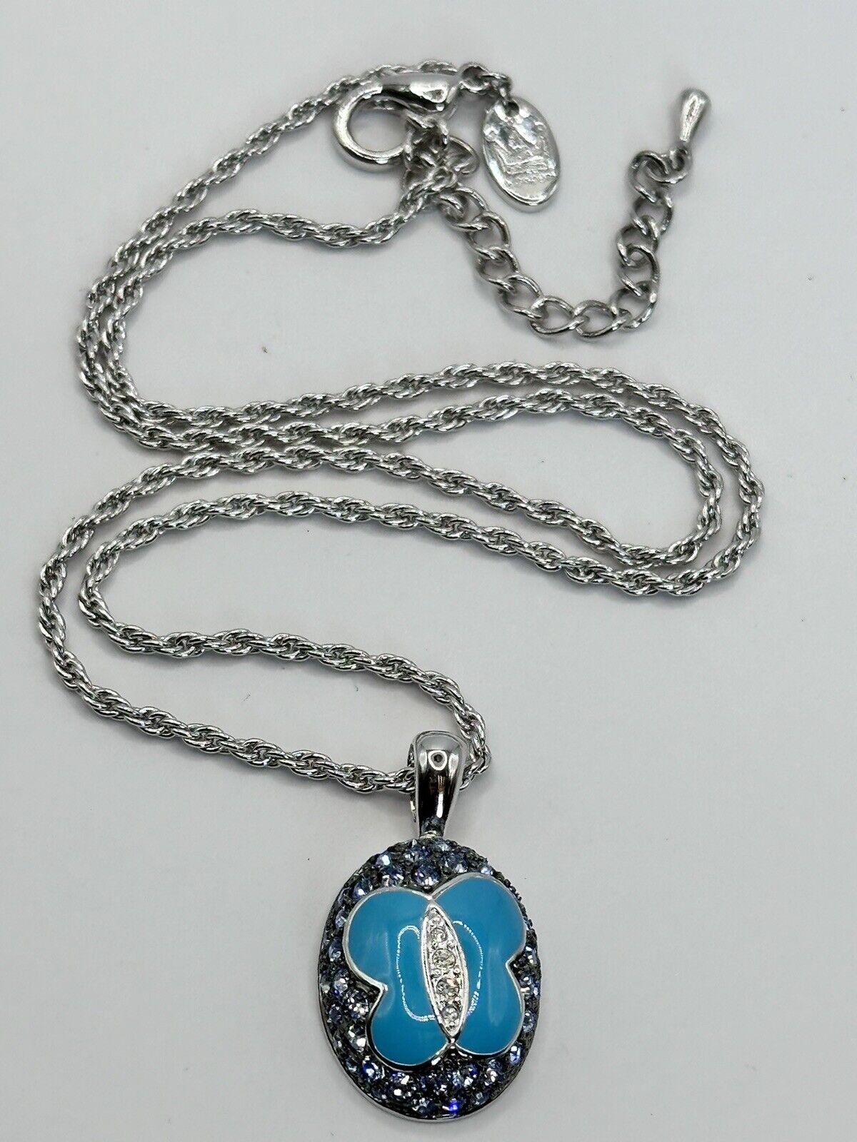 Vintage 1980s Rhodium Plated Blue Butterfly Diamanté Pendant Necklace