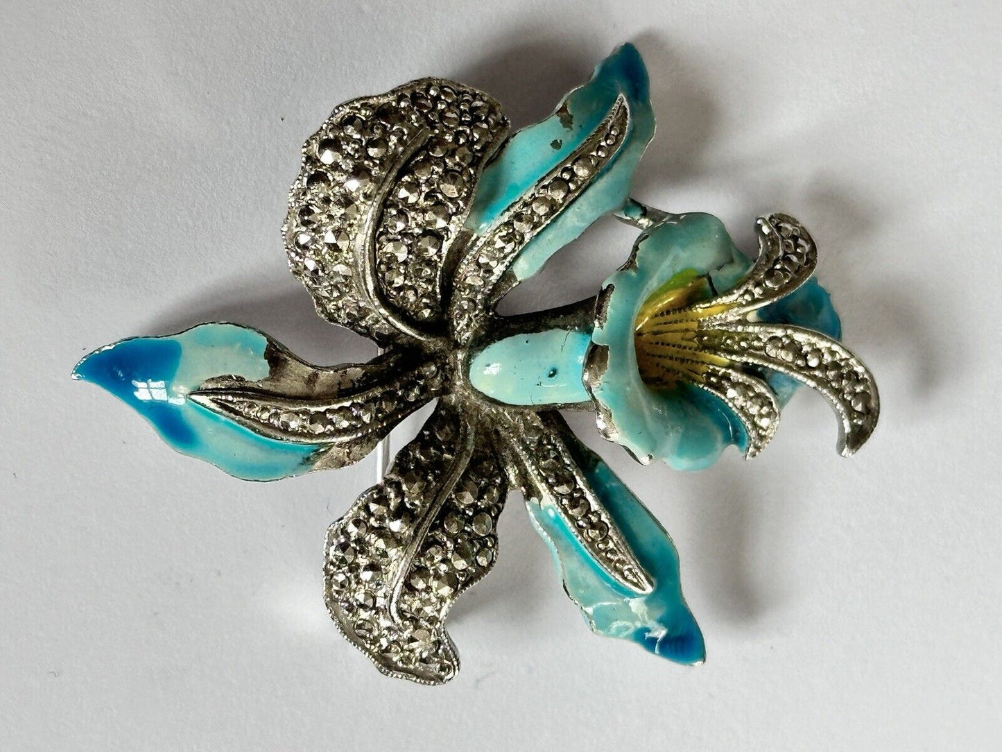 Vintage Turquoise Enamel Marcasite Flower Brooch