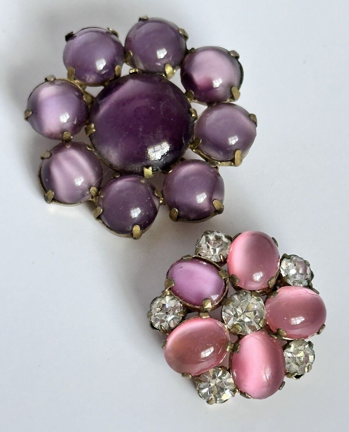 Vintage Purple Pink Satin Stone Flowers Set Of 2 Brooches