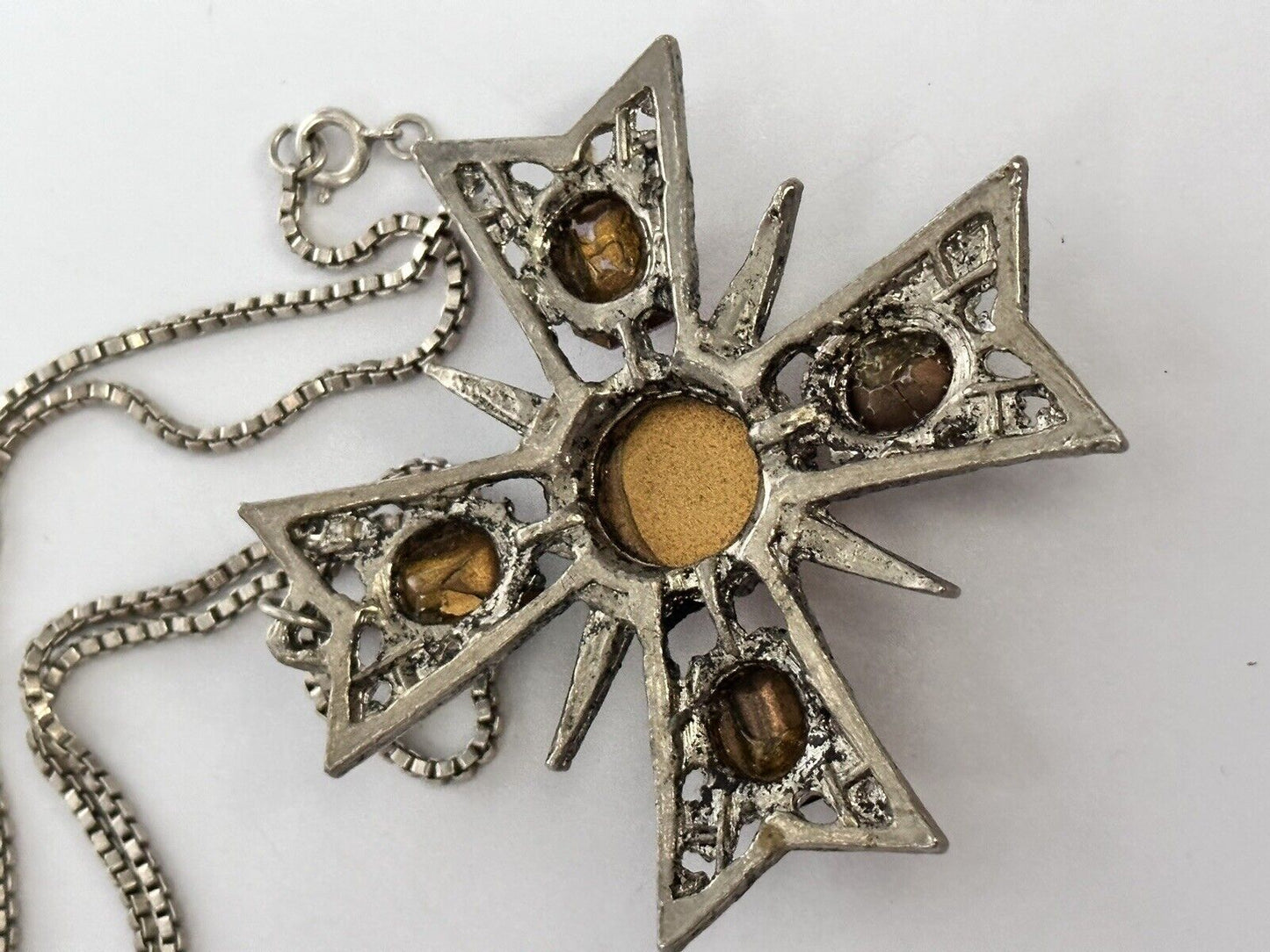 Vintage Maltese Cross Multicoloured Diamantés Pendant On Silver 925 Chain