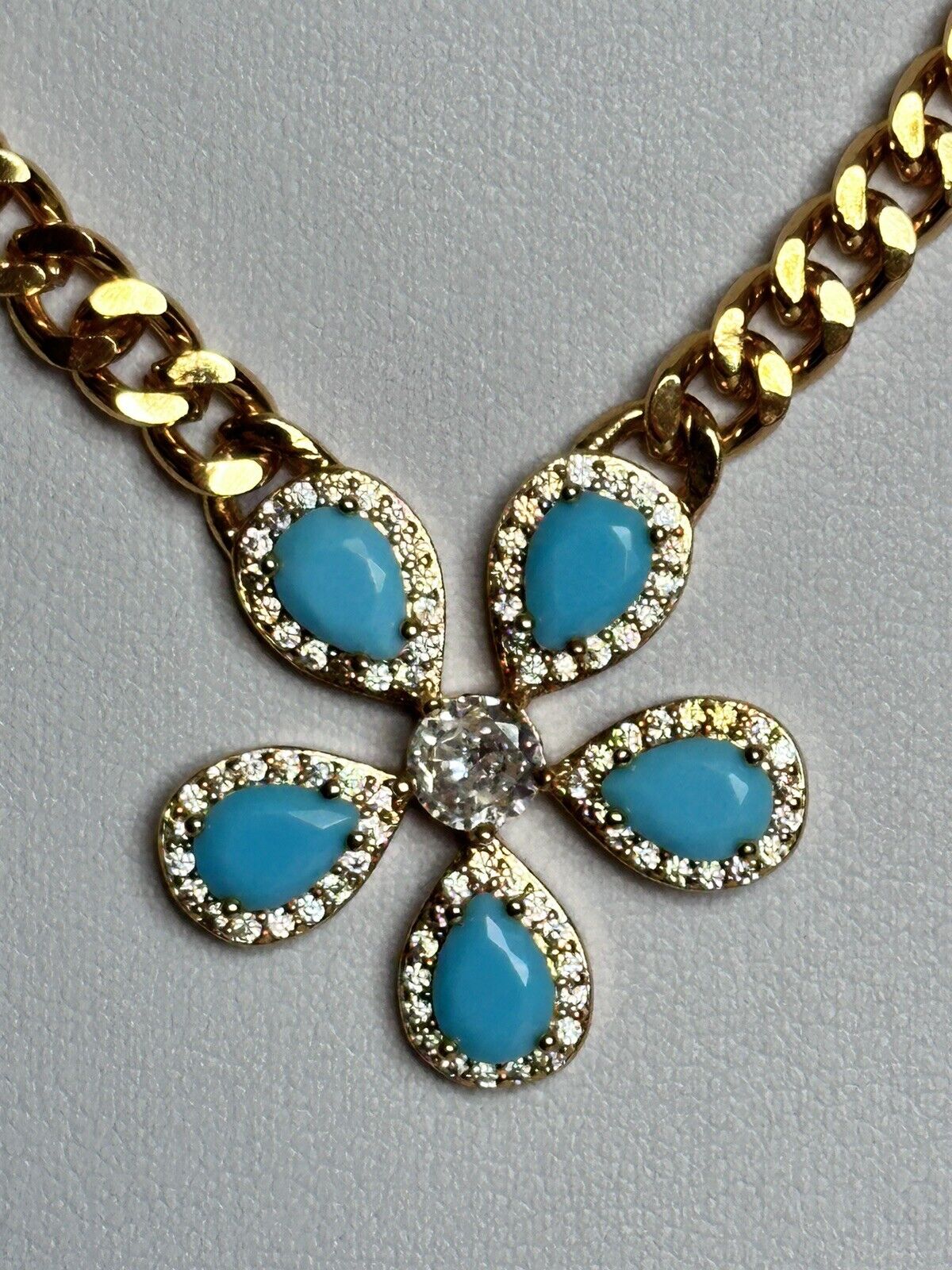 Vintage Gold Plated Faux Turquoise Diamanté Flower Necklace