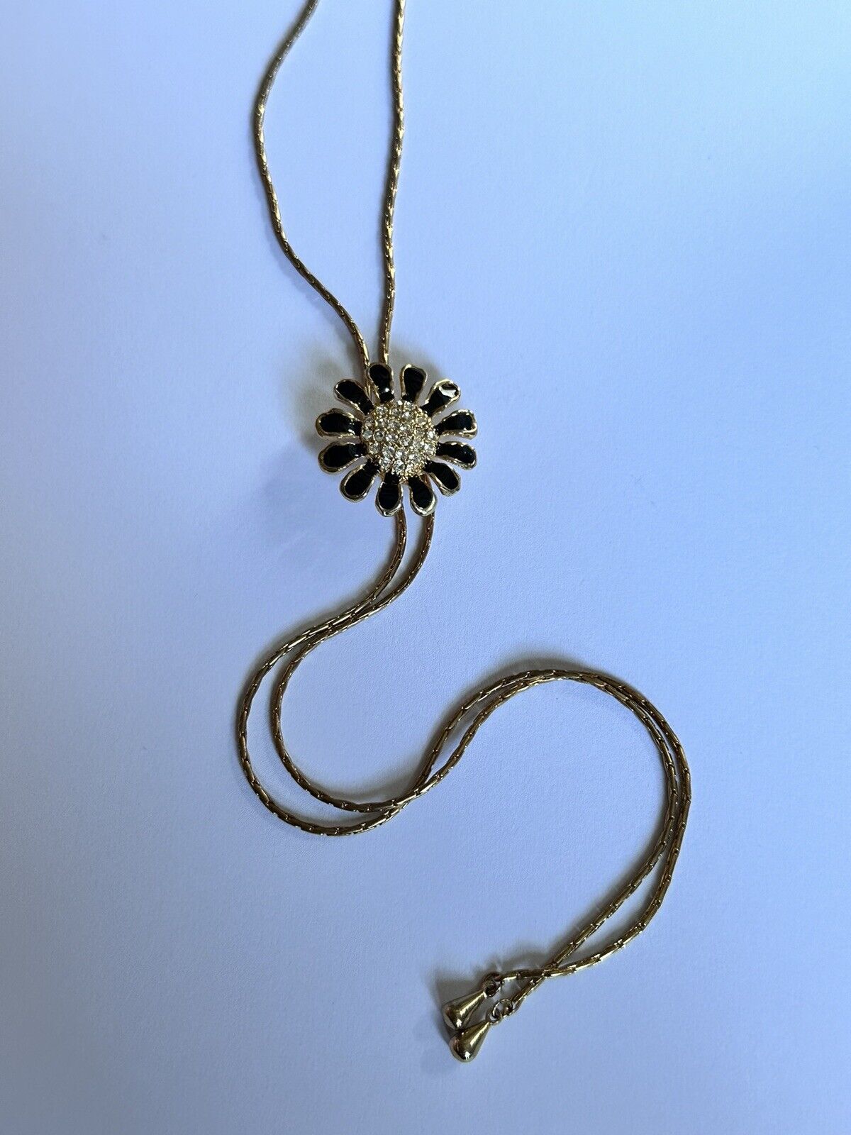 Vintage Gold Tone Adjustable Black Enamel Diamanté Flower Necklace