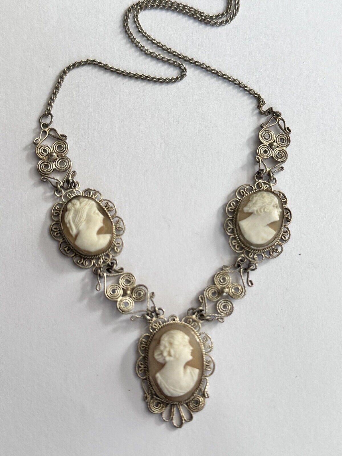 Vintage Silver Filigree Shell Cameo Necklace