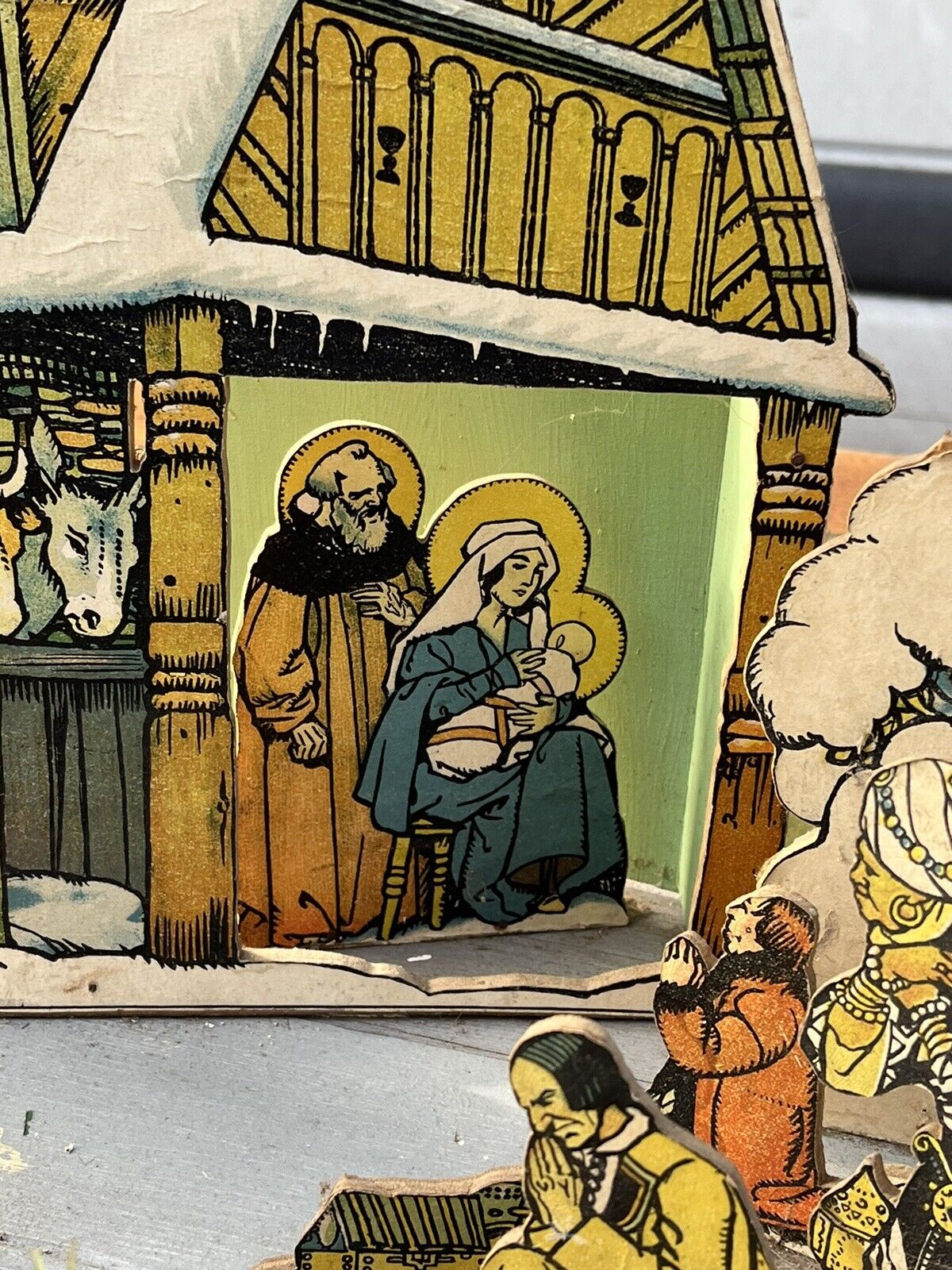 1950's Nativity Set, Wood With Printed Decoration. HUGE IN SIZE.