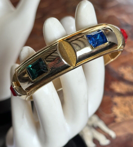 Vintage Gold Tone Multicoloured Stone Hinged Bangle Bracelet