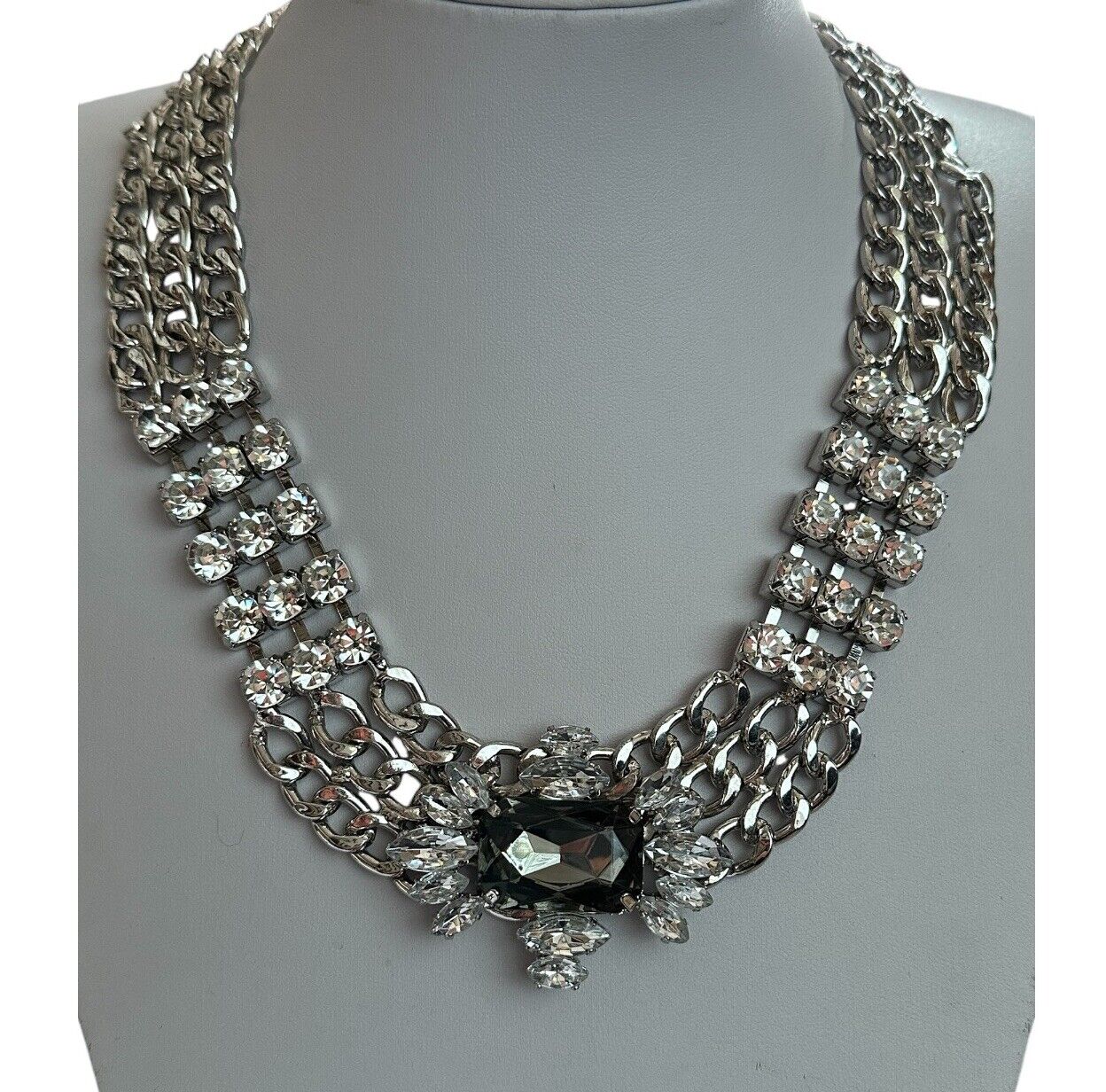 Vintage Silver Tone Chain Link Diamanté Statement Necklace