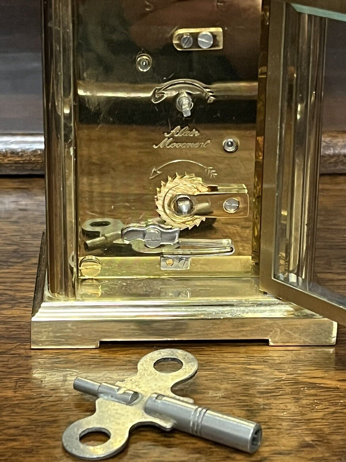 Brass Carriage Clock, Very Good Quality, Thick Bevelled Edge Glass. With Key