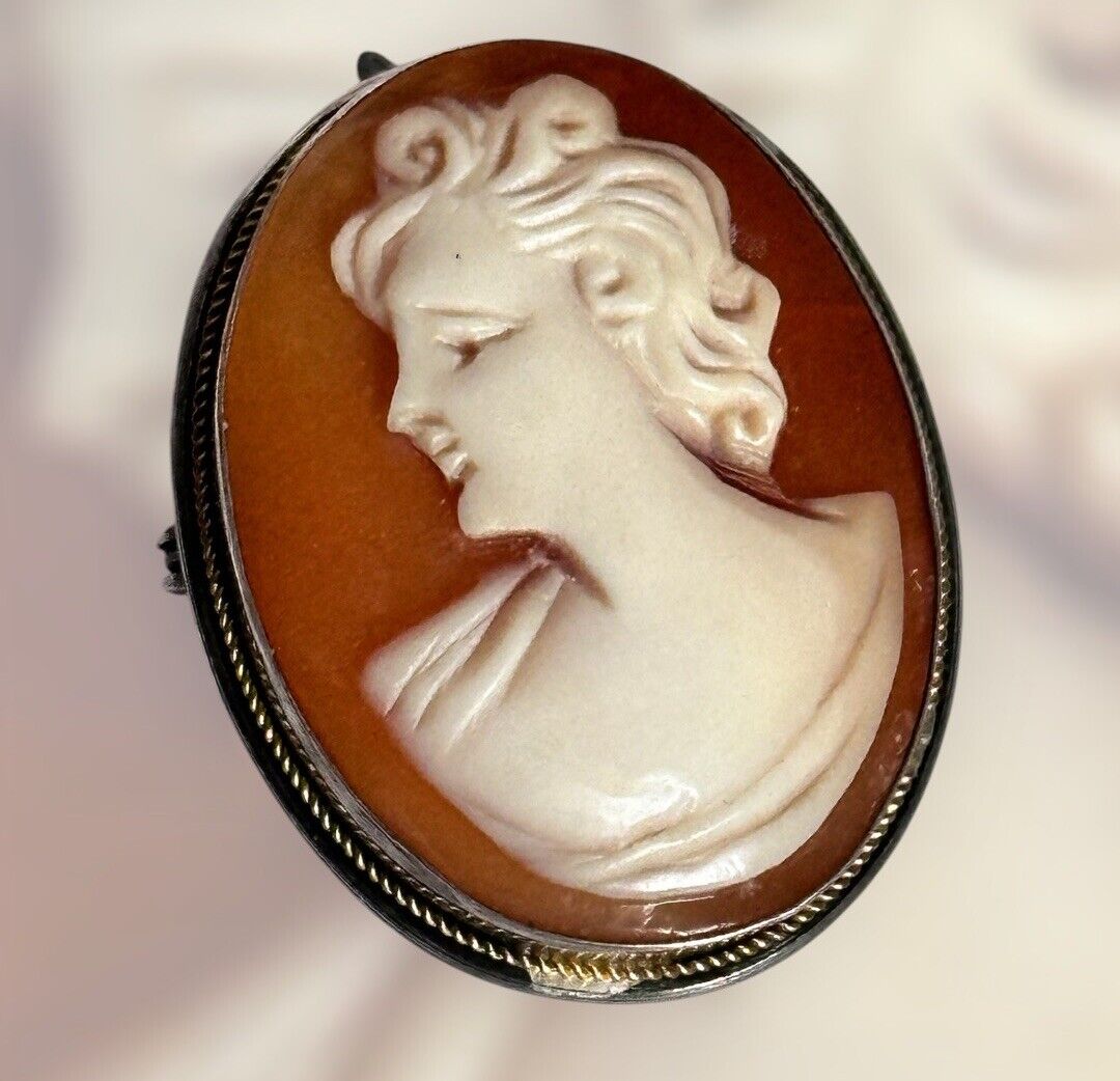 Vintage Silver Shell Carved Cameo Brooch Pendant Stamped 800