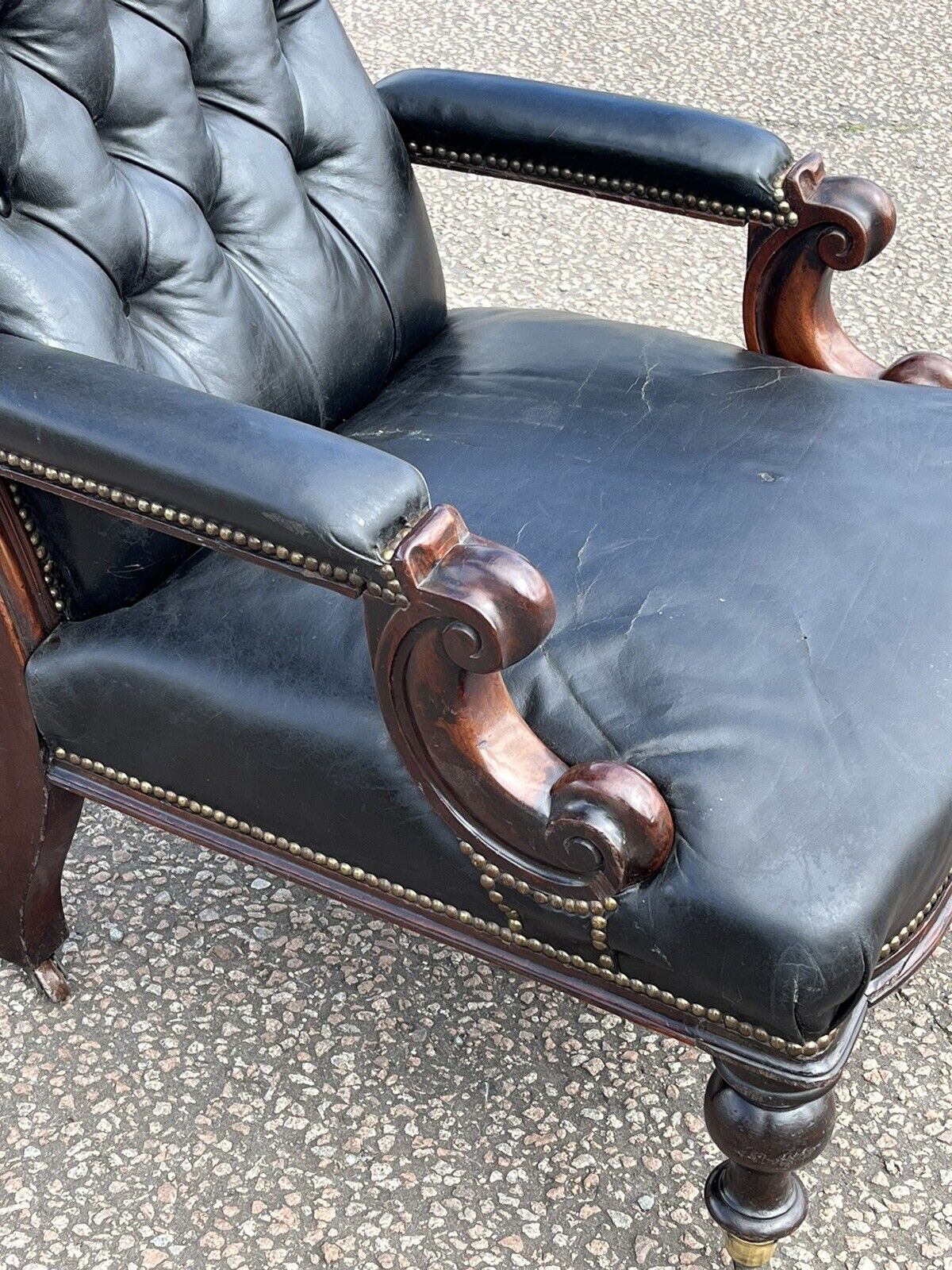 Victorian Black Leather Buttoned Back Armchair, Library Armchair