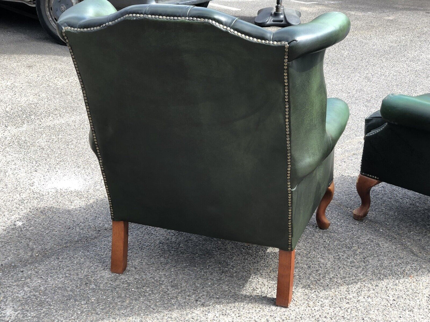 Green Leather Armchairs. Good Quality, Buttoned Back, Impressive