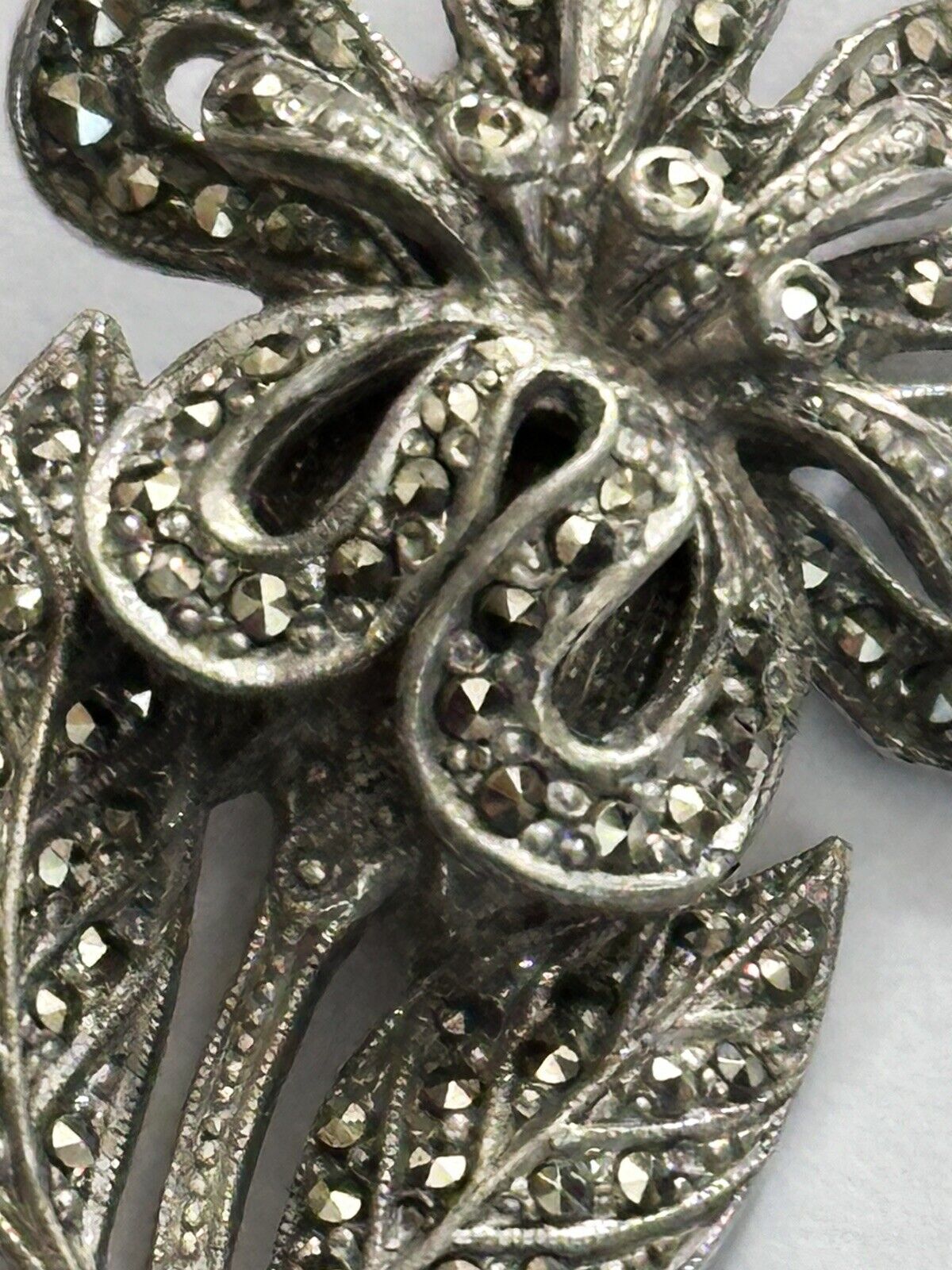 Vintage Silver Tone Marcasite Flower Brooch
