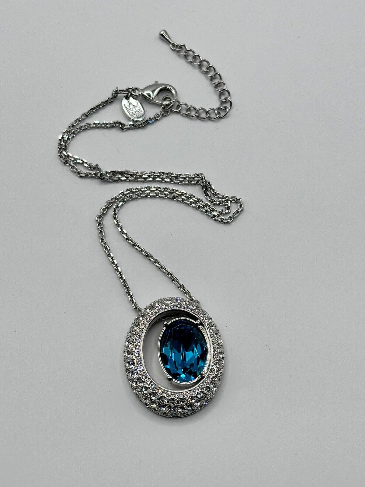 Vintage 1980s Rhodium Plated Blue Crystal Necklace New Old Stock