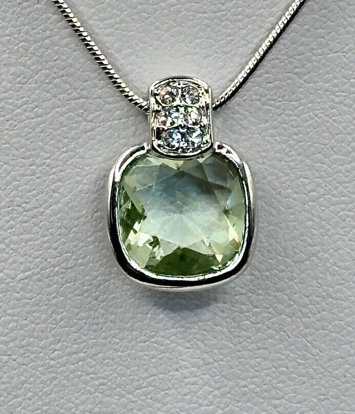 Statement Rhodium Plated Necklace Made With Green Clear Swarovski Crystals