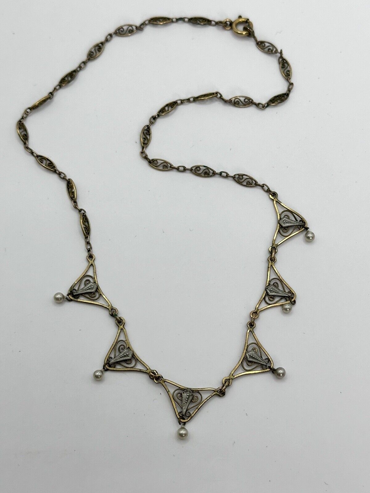 Vintage Gold Silver Tone Cut Out Faux Pearl Drop Necklace