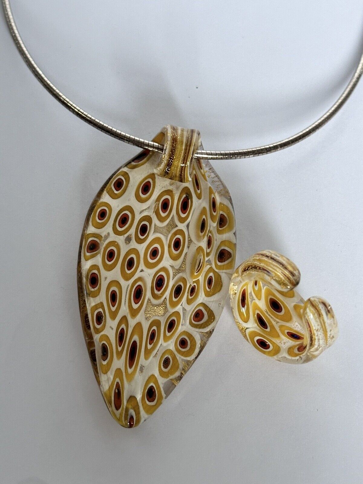 Vintage Gold Murano Glass Pendant On Sterling Silver Chain Matching Ring Set