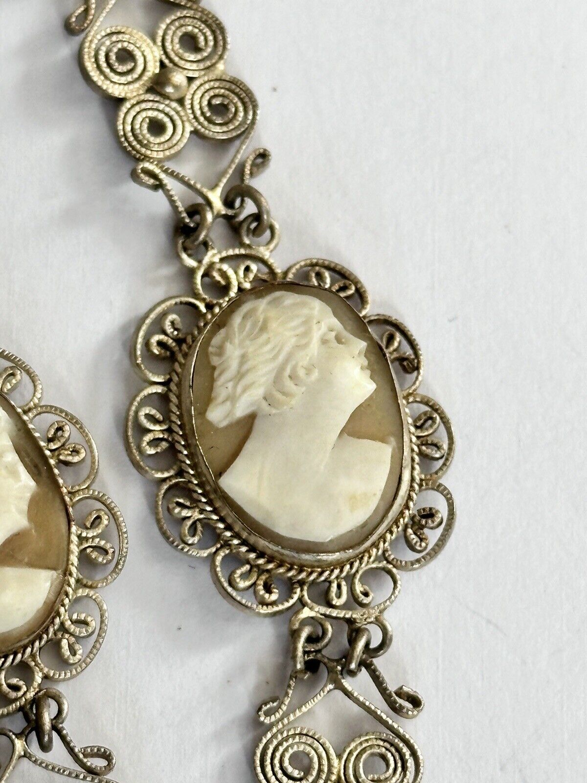 Vintage Silver Filigree Shell Cameo Necklace
