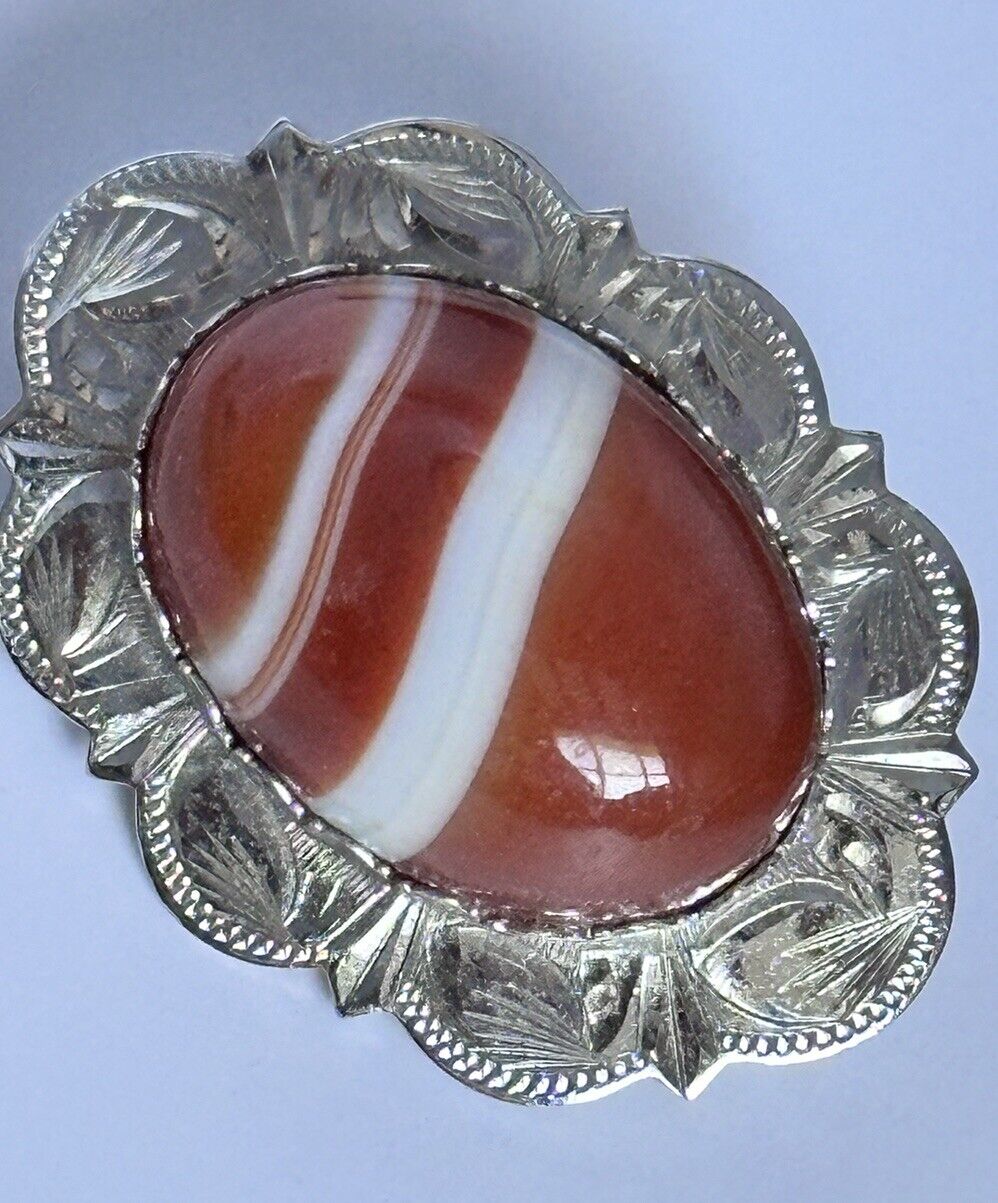 Vintage Silver 925 Red Orange Agate Brooch