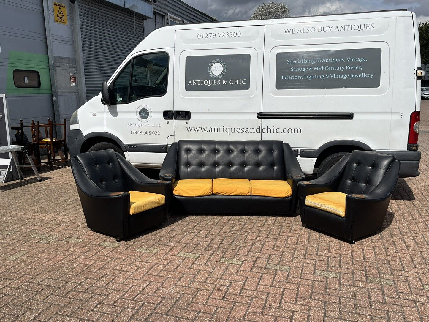 Black Mid Century 3 Seater Settee Sofa & 2 Matching Armchairs.