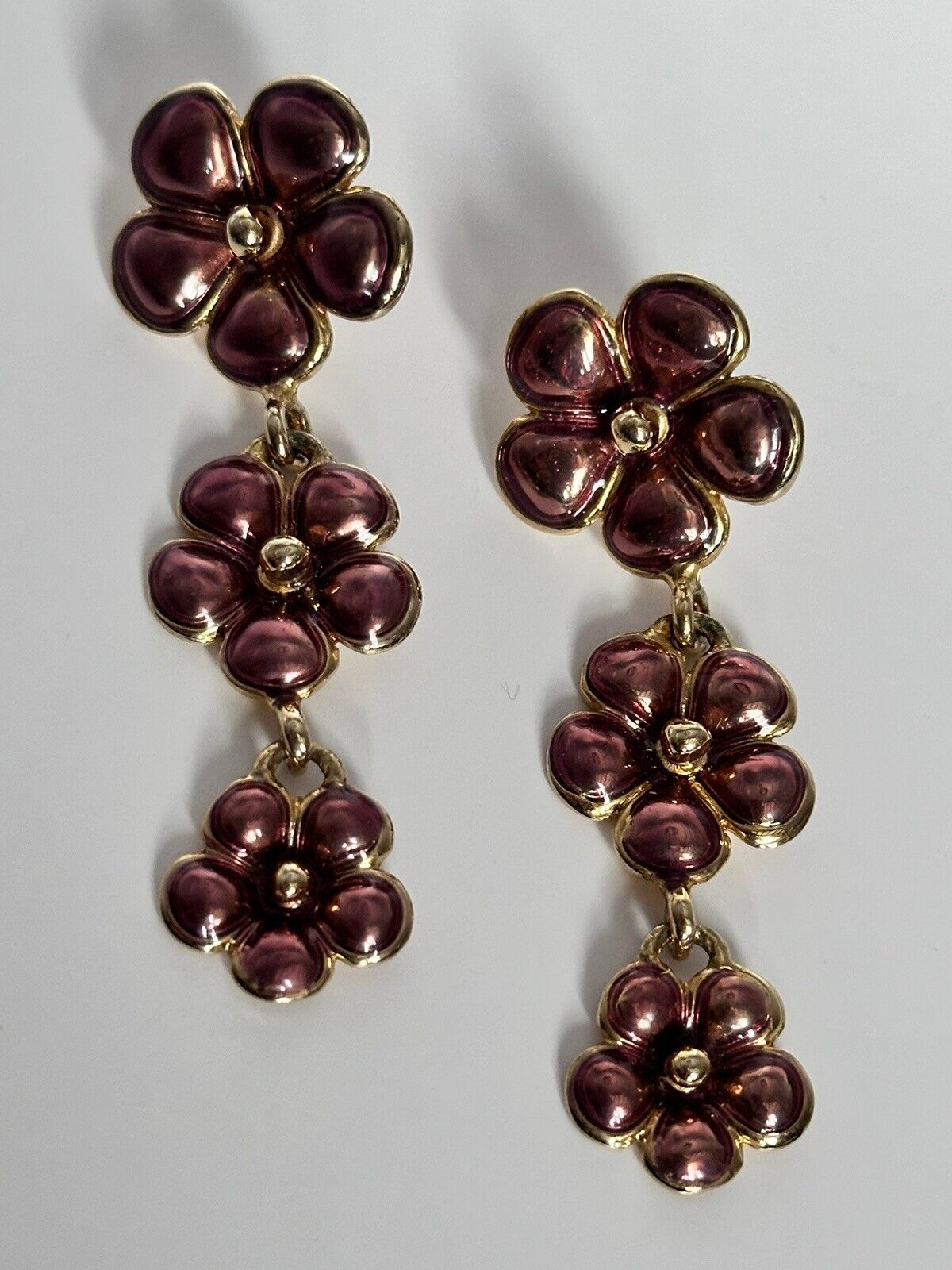 Vintage Gold Tone Enamel Flowers Drop Earrings