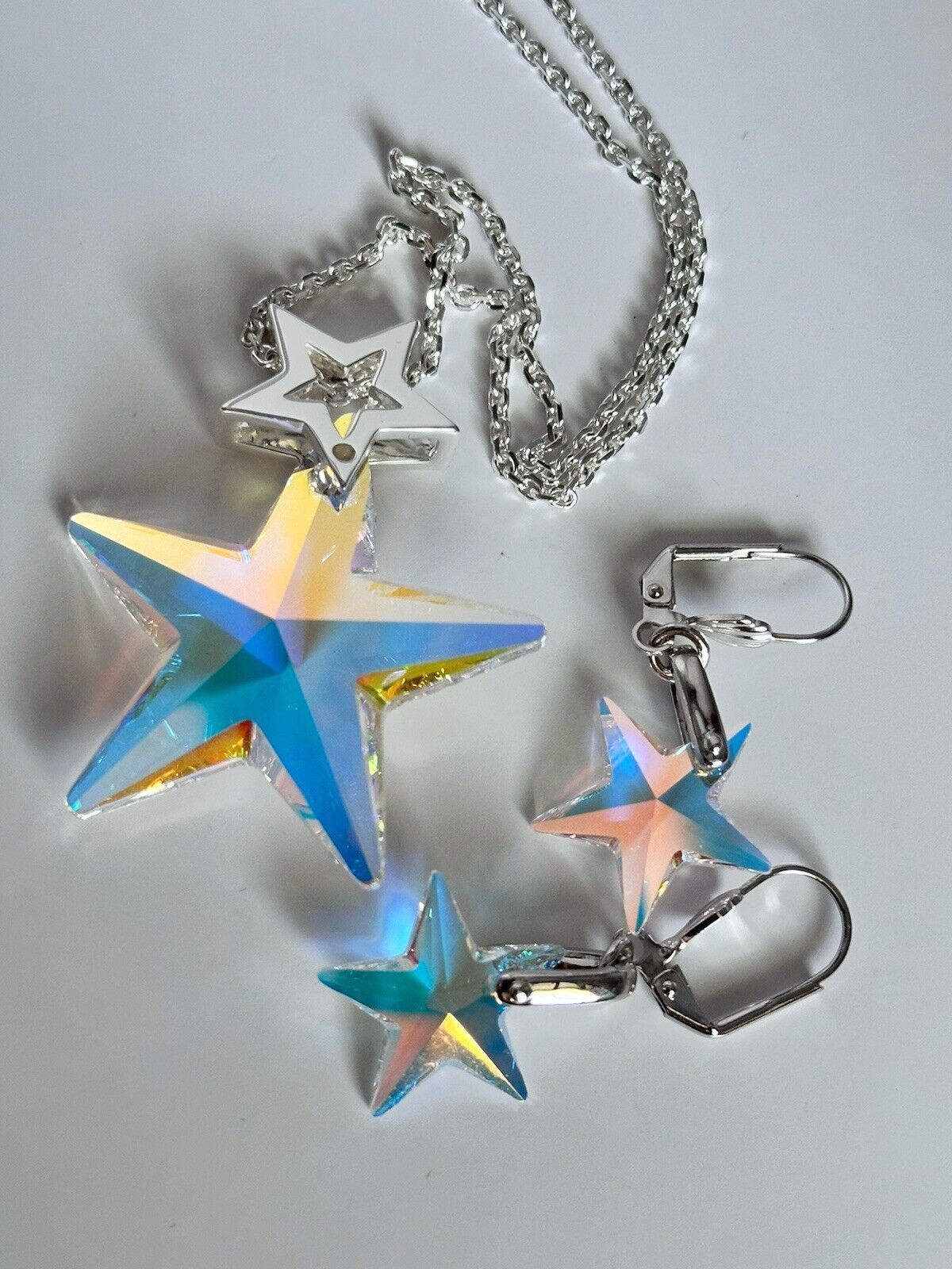 Vintage 1980s Rhodium Plated Aurora Borealis Star Necklace And Earring Set