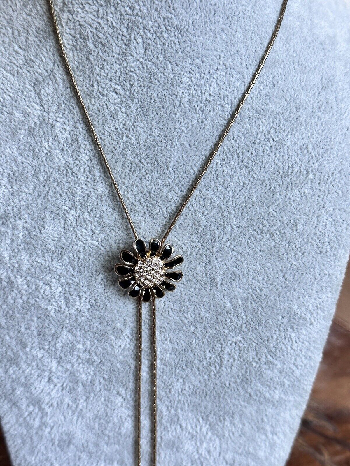 Vintage Gold Tone Adjustable Black Enamel Diamanté Flower Necklace