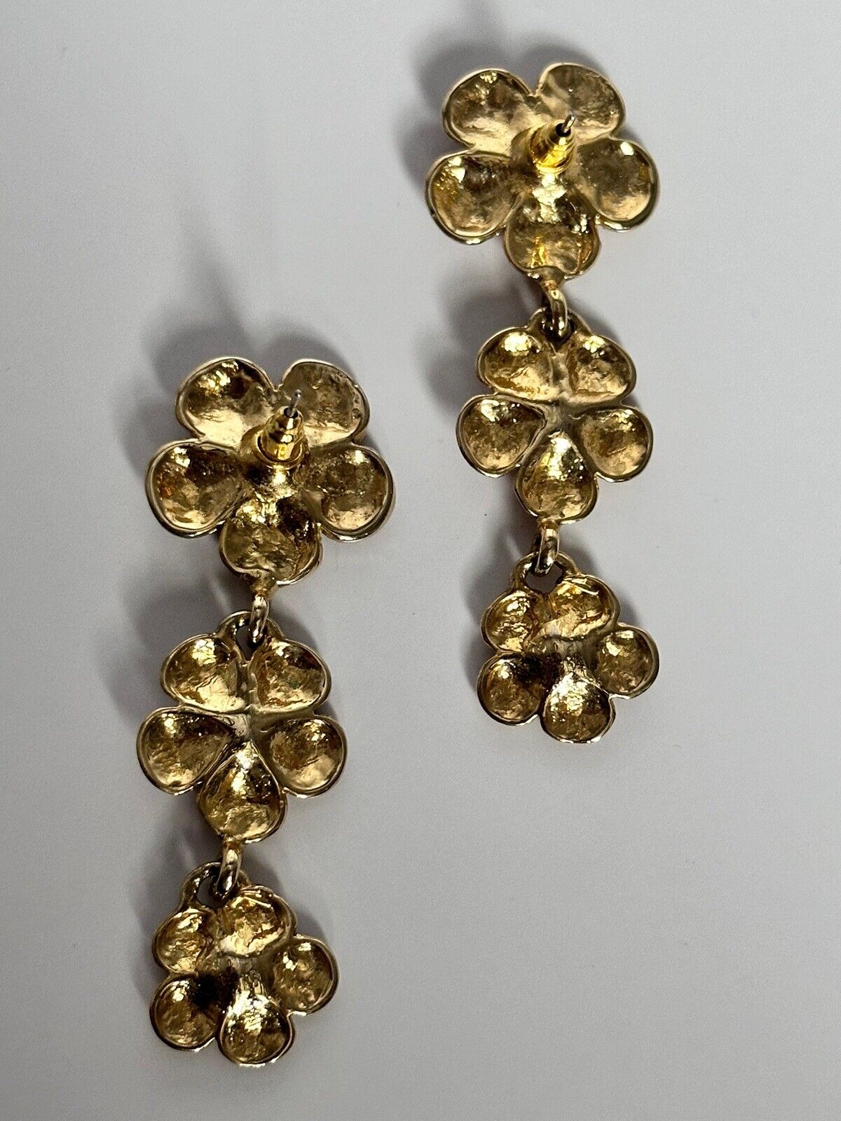 Vintage Gold Tone Enamel Flowers Drop Earrings