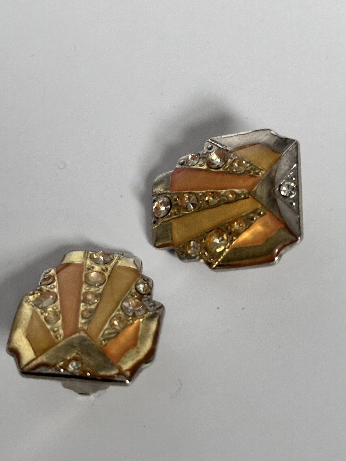 Vintage Silver Tone Yellow Orange Enamel Deco Style Clip On Earrings