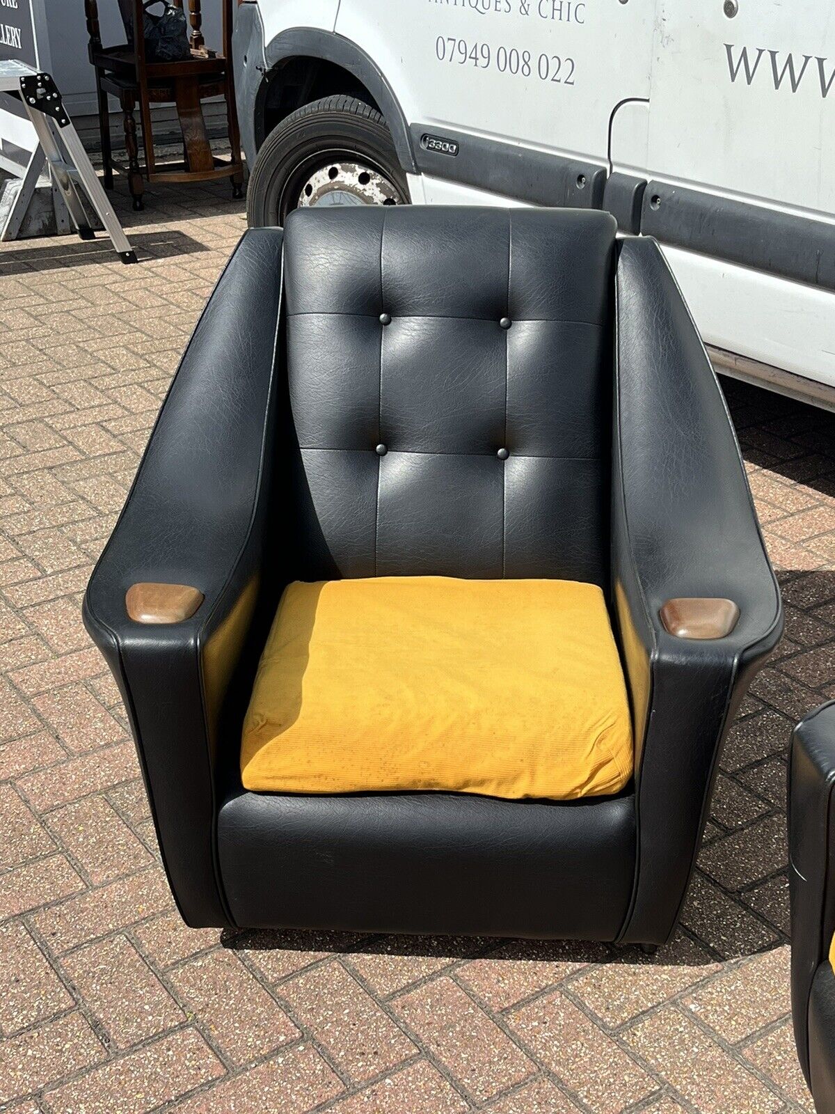 Black Mid Century 3 Seater Settee Sofa & 2 Matching Armchairs.