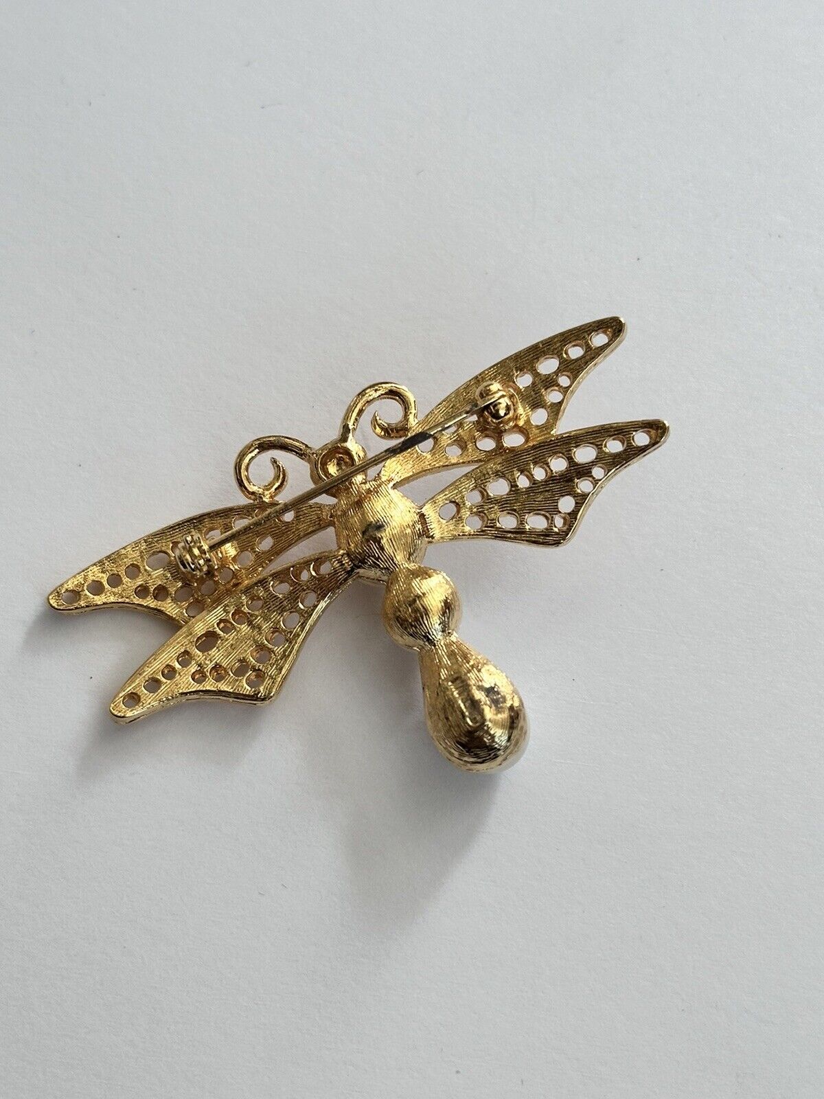 Vintage Napier Gold Tone Faux Pearl Dragonfly Brooch Original Ticket