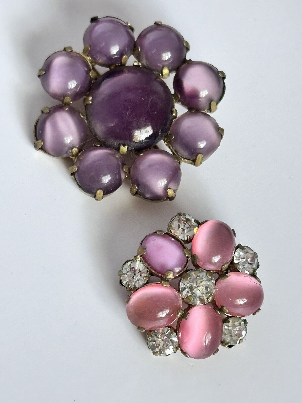 Vintage Purple Pink Satin Stone Flowers Set Of 2 Brooches