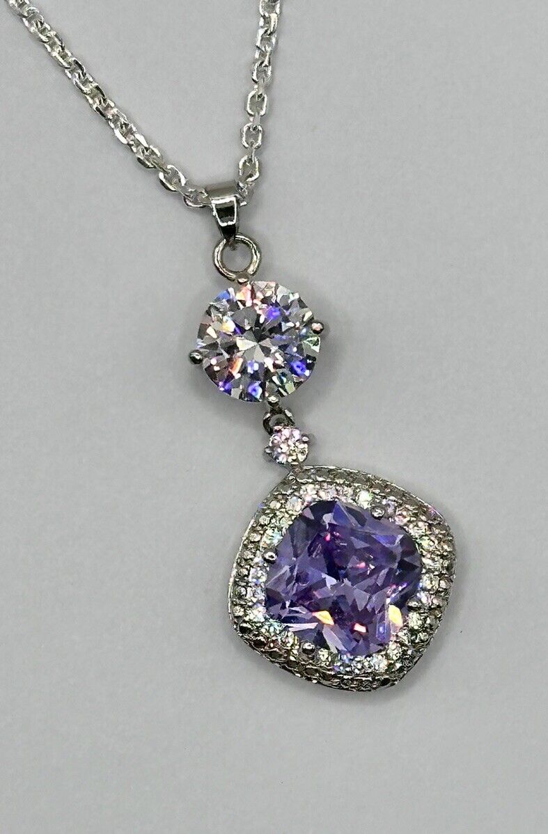 Rhodium Plated Necklace Made With Clear Purple Swarovski Crystals New Old Stock