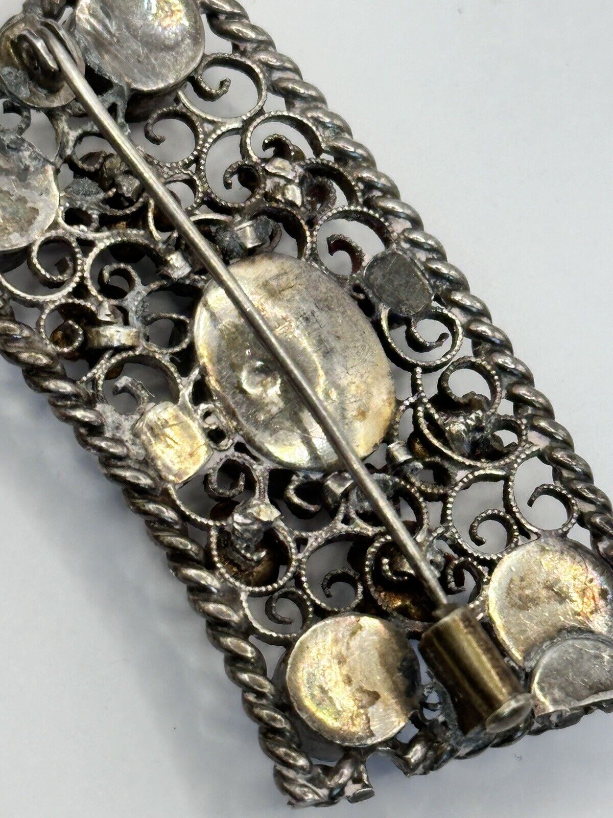 Antique Edwardian Open Filigree Pink Green Paste Glass Brooch