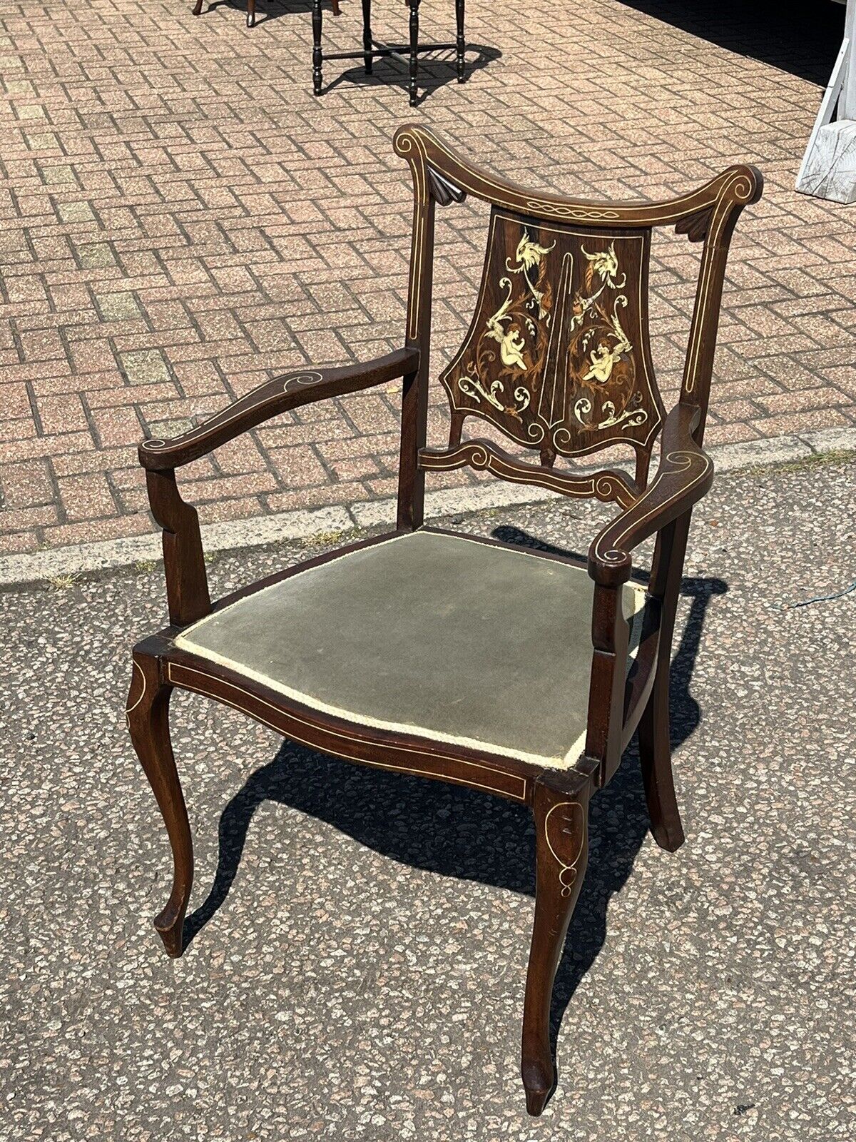 Edwardian Marquetry Inlaid With Cherubs, Mahogany Armchair , Superb Quality.