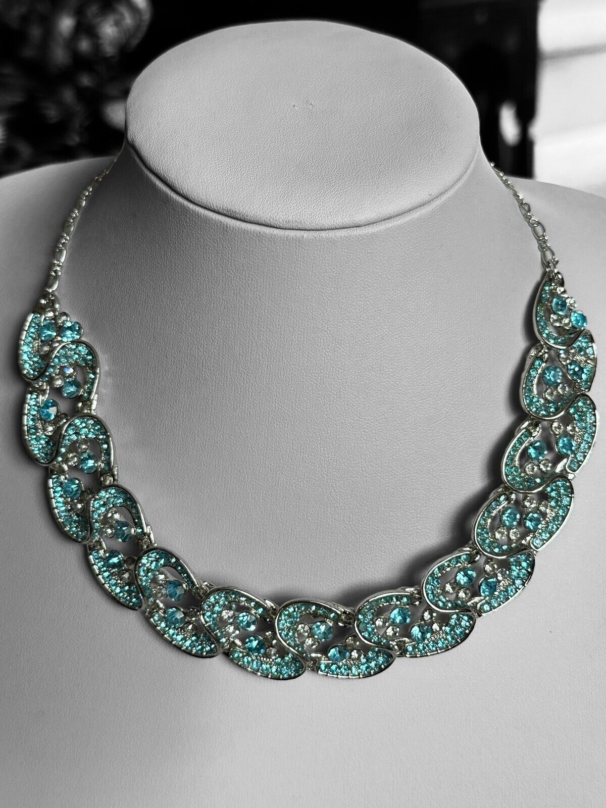 Vintage Silver Tone Blue Diamanté Statement Necklace