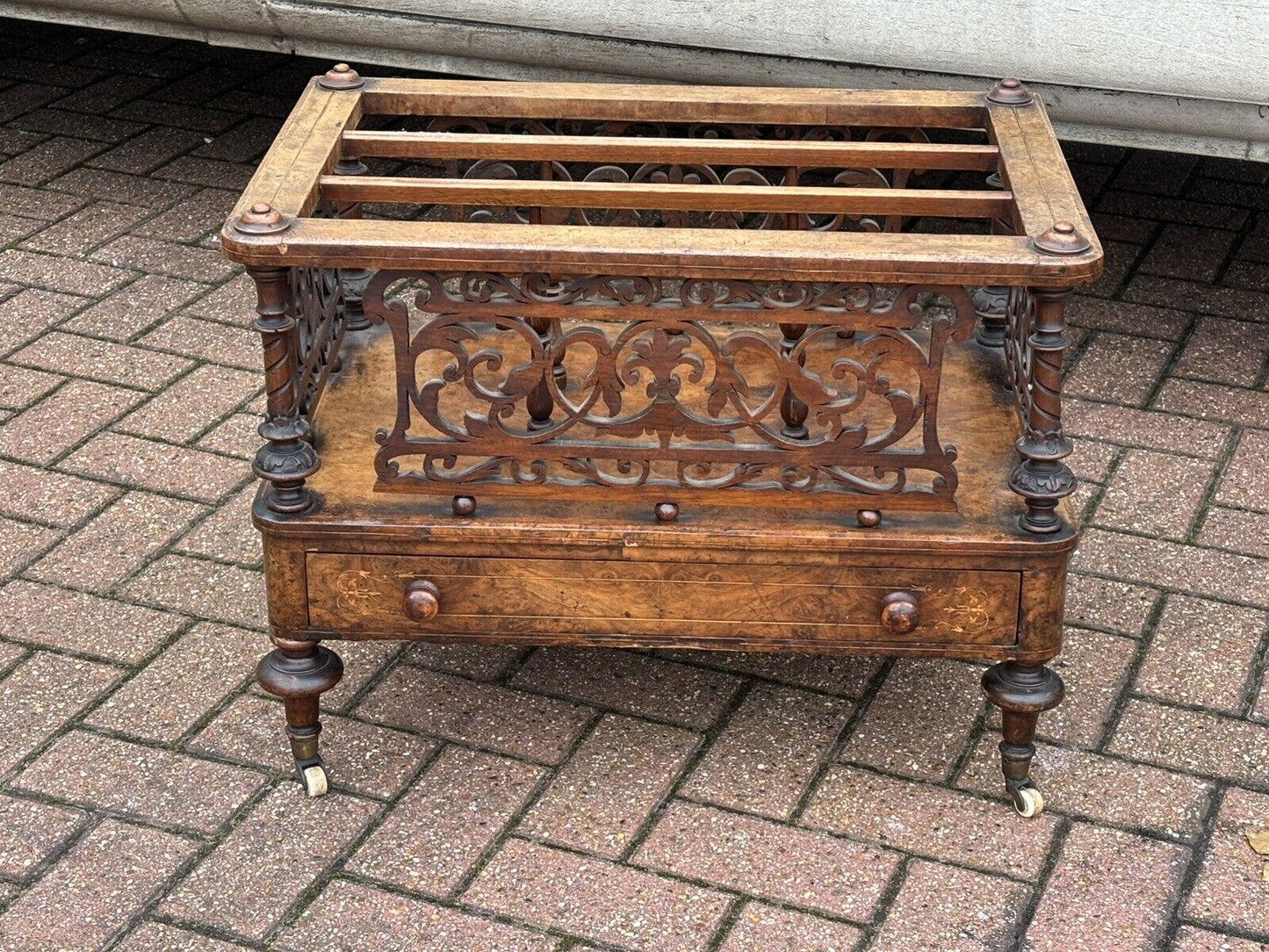 Victorian Walnut Canterbury Magazine Rack With Drawer, White Castors