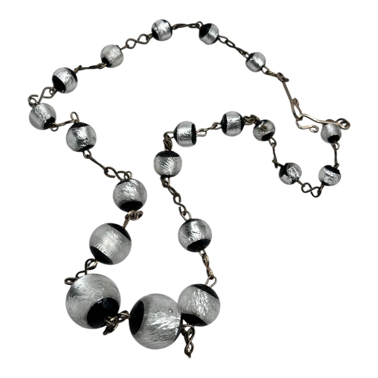 Vintage Deco Foiled Czech Glass Silver Black On Rolled Gold Chain