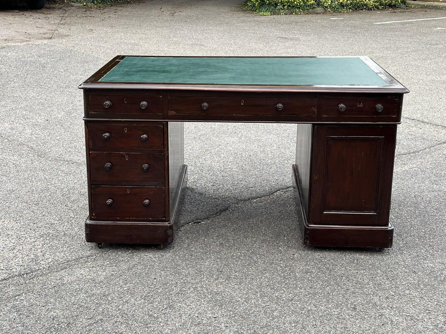 19thC  Double Sided Mahogany Partners Pedestal Desk. Drawers & Cupboards.