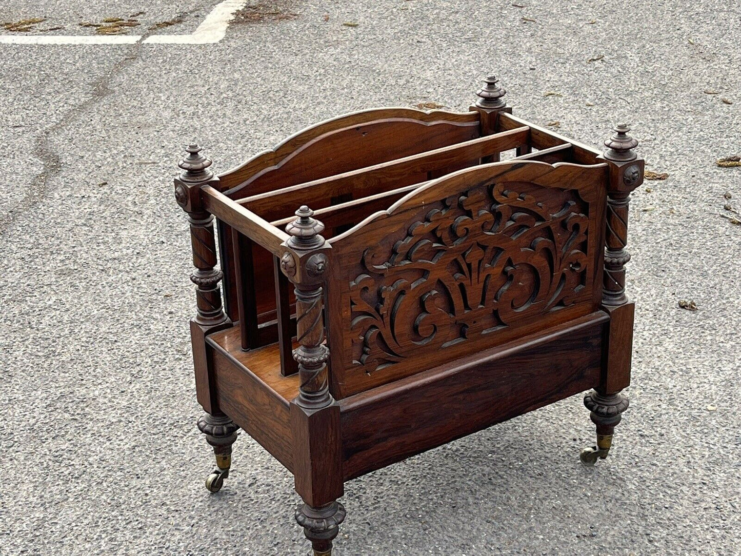 Victorian Rosewood Canterbury Magazine Rack With Drawer On Castors