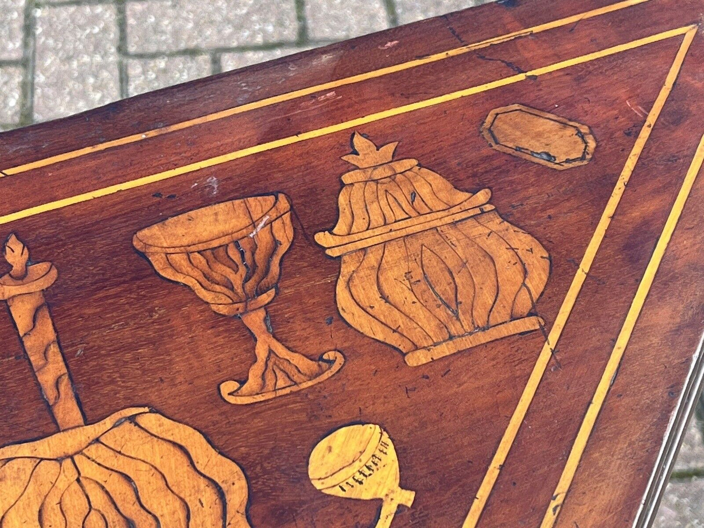 Antique Dutch Marquetry Games Table With Fold Over Lid And Card playing area