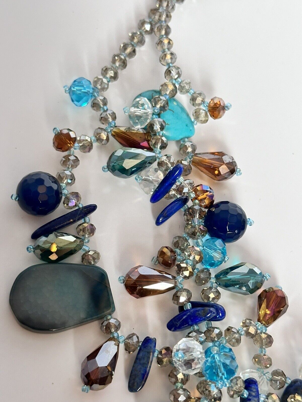 Turquoise Lapis Lazuli Natural Stone Crystal Statement Necklace Silver 925 Clasp